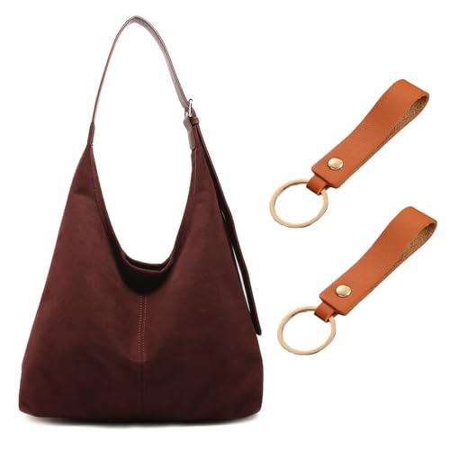 Bolso de mano de gamuza, bolso de ante marrón, bolso de ante holgado, bolso de ante grande, bolso de hombro vintage con 2 llaveros, adecuado para la escuela, trabajo, viajes y citas, marrón
