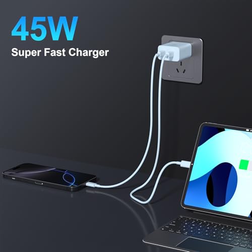 Image of iPhone 17 16 15 Charger Fast Charging, 45W Dual USB C Phone Charger Block with 10FT Long Type C Cable Cord for Apple iPhone 17 /Pro /Pro Max /17 Air /16 Pro /16 Pro Max /15 Plus /15 Pro /iPad /S26 Ultra(Blue)