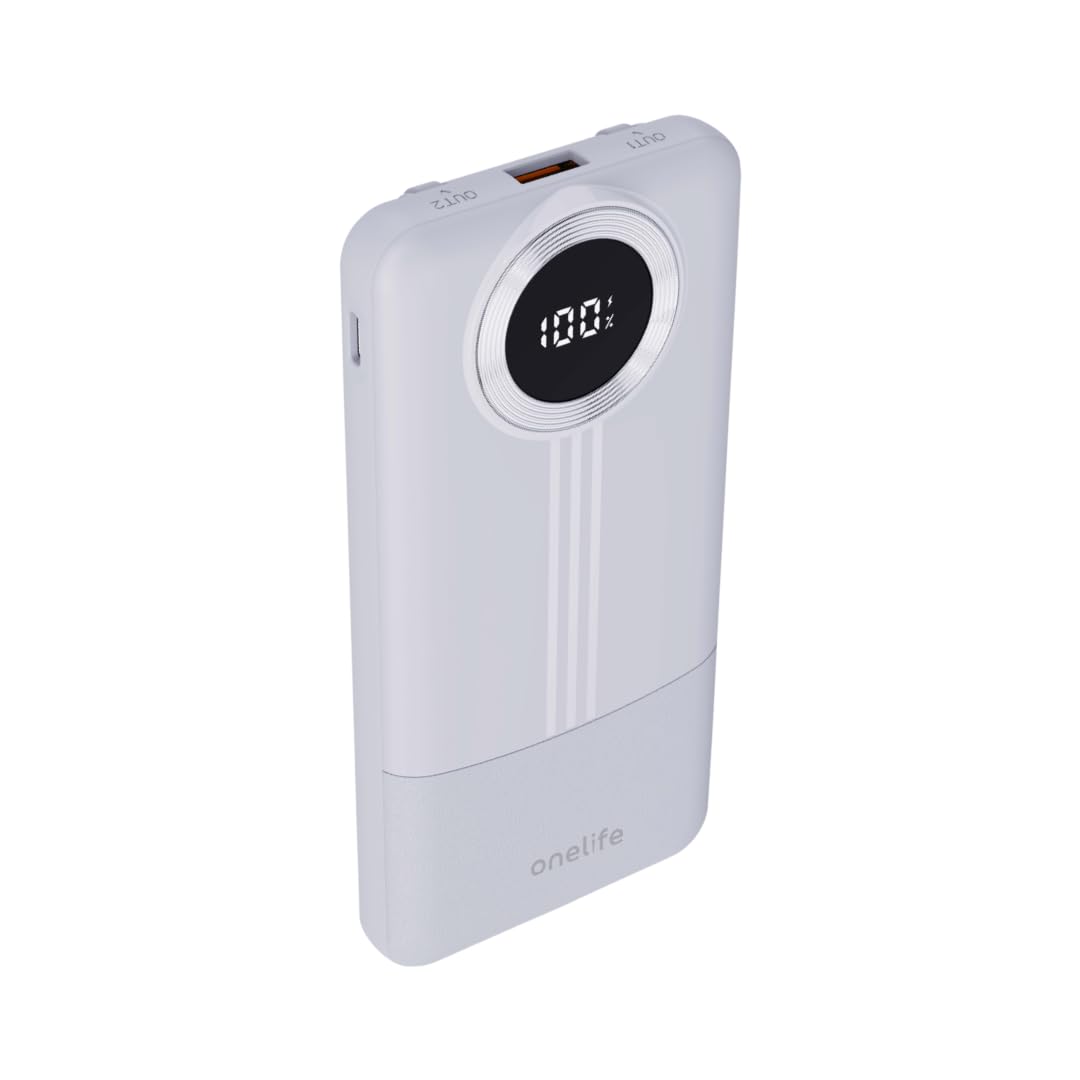 one life 10,000mah 22.5w ultra slim power bank with fast charging, type-c pd, led indicator, output & input ports for iphone, android & other devices (white)