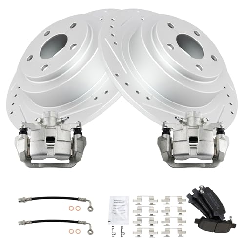Image of TRQ Performance Rear Brake Pad and Rotor Set Semi Metallic Slotted Drilled G Coated Rotors Calipers Compatible with 2003-2006 Subaru Baja 2000-2004 Legacy 2000-2004 Outback