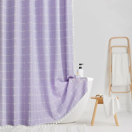 Duschvorhang-Set, Boho-Stil, extra lang, Stoff für Badezimmer, hohes Bauernhaus-Leinen-Duschvorhang-Set mit Quasten, wasserdicht, modern, luxuriös, Hotel, gewichtet, dick, Lavendel, 244 cm