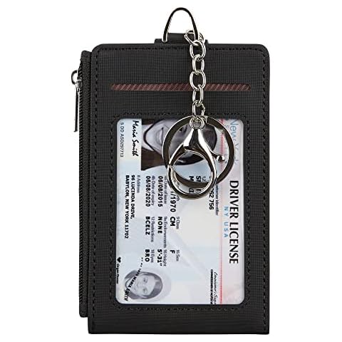 Cynure Women & Men Keychain Card Holder Case Zipper Slim Minimalist Front Pocket Wallet with 2 ID Window, Black Cover