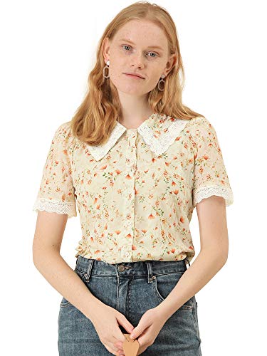 Allegra K Women's Peter Pan Collar Shirt Lace Trim Floral Embroidered 1940s Peasant Blouse