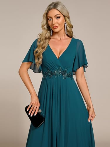 Image of Ever-Pretty Womens V Neck Applique Mother of the Bride Dresses Formal Dress | Chiffon, Short Sleeves, Ruched, A-Line, Bridesmaid Dresses, Formal Gown, Black Tie Dress