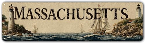 MASSACHUSETTS Vintage Metal Tin Sign - Nautical Sailboats & Coastal Watchtower Wall Decor - Retro 4x16 Inch Aluminum Sign for Beach House, Bar, Office & Cape Cod Souvenir