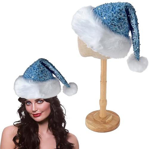 Lake Blue Santa Hat Christmas Hats for Kids and Adults,Shiny Sequin Xmas Hat Unisex Classic Velvet Xmas Holiday Hat,Thicken Luxury Plush Santa Hats Santa Claus Hats for Xmas New Year Party Supplies
