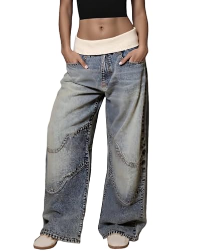 Unybwonn Women Baggy Cargo Jeans High Waist Patchwork Trendy Vintage Denim Pants Wide Leg Distressed Jeans with Pockets