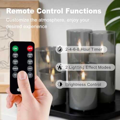 Image of LEDHOLYT Rechargeable Flameless Candles, Realistic Flickering LED Flame,Real Wax Candle with Remote Control and Timer, Clear Glass Electronic Candles, 1 Set of 5(Gray)