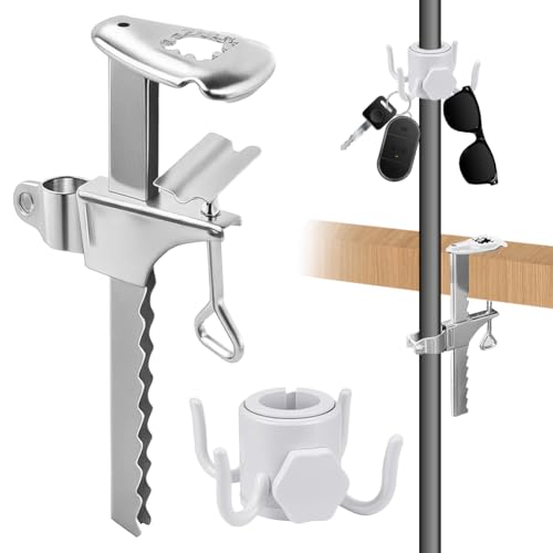 VOHESEA Sonnenschirmhalter aus Metall, Tischklammer für Gartenschirme mit Haken, Einstellbar Sonnenschirmhalter Balkongeländer, Schirmständer für Terrasse oder Tisch, Klemmbereich 0-20cm