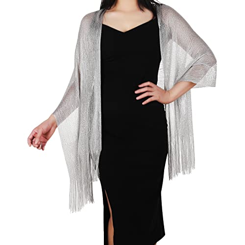 Yolev Chal Bufanda Metálica con Purpurina - Chal Mujer Boda con Clip para Bufanda - Bufanda para Fiesta Nupcial con Vestido Formal, Gris Plateada