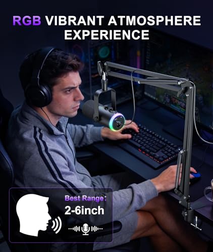 Image of Dynamic Gaming Microphone, USB-C /XLR Podcast Mic with Boom Arm Stand for Recording Streaming Singing, RGB Light, Mute Button, Headphone Monitor for PC, TikTok, YouTube