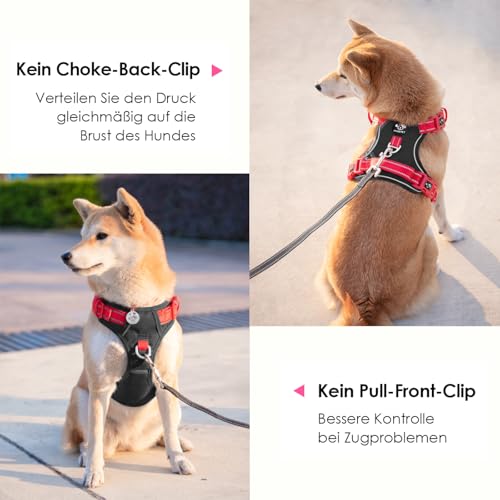 PHOEPET Anti-Zug Hundegeschirr - Reflektierendes Verstellbares Welpen-Sicherheitsgeschirr für kleine, mittelgroße und große Hunde (S,Schwarze Basis & Rote Träger)
