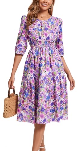 Image of Kormei Women Summer Casual Boho Floral Round Neck 3 /4 Sleeve Smocked Waist Tiered Flowy Swing Midi Dress S Purple /Blue Floral