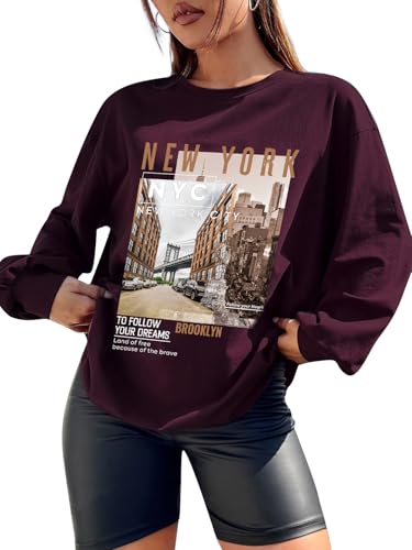 Image of CHKOKKO Oversized Round Neck Drop Shoulder Printed Polyester Full Sleeves T-Shirt for Women