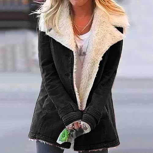 Womens Sherpa Lined Denim Jacket Lapel Collar Coat Plus Size Long Sleeve Button Down Outerwear Warm Winter Coats2