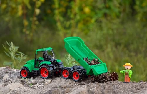 Lena Truckies Traktor mit Anhänger 38 cm, grün, Robustes Sandkasten Spielzeug mit abnehmbaren Anhänger, klappbare, Fahrerhaus, Kippmulde & Spielfigur, für Kinder ab 2 Jahren,