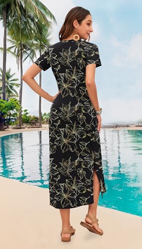 Image of MISFAY Womens Maxi Dress Short Sleeve V Neck Loose with Pockets | Soft stretchy breathable, v neck loose fit, side split hem, two side pockets, casual daily beach vacation travel dress