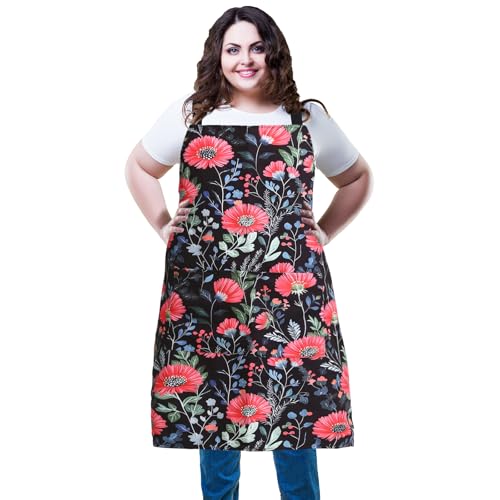 XIEJINJIA Plus Size Schürze Verstellbare Wasserfest Canvas Übergröße Kochschürze mit 2 Tasche,Lange Bänder Extra Breit für Küche Kochen Backen(Roten Blumenmuster)