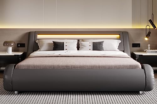 Image of SHA CERLIN Full Size Bed Frame with Modern Upholstered LED Headboard, Grey | Low Profile Sleigh Design, Adjustable Headboard, PU leather, Strong Wood Slats Support, No Box Spring Needed, Easy Assembly