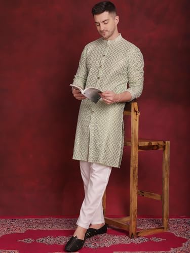 Image of Jompers Men's Silk Blend Regular Fit Sequin Chikankari Front Open Kurtas