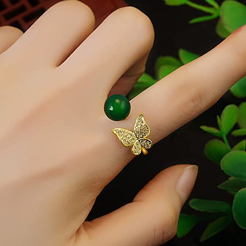 Butterfly Open Ring Chalcedony Jewelry Jade Band Rings for Women Round Genuine Green Eternity Ring (Color : Gold)2