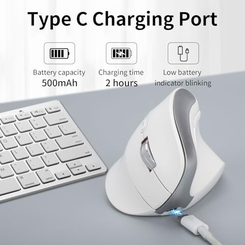 Image of CITLLA Wireless Ergonomic Vertical Mouse, Rechargeable Tri-Mode (Dual Bluetooth + 2.4G USB) Optical Mouse with Adjustable RGB Lighting, Multi-Device Control for Laptop, PC, Mac, iPad, Desktop (White)