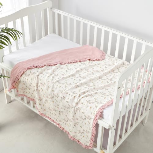 Image of CREVENT 40''X40'' 100% Organic Cotton Muslin Baby Blanket for Newborns, Essential for Baby Shower Birthday Gift - Flower with Trim100X100cm