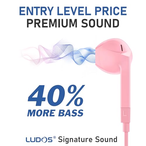 Image of LUDOS FEROX Wired Earbuds in-Ear Headphones, 5 Year Warranty, Earphones with Microphone, Noise Isolation Corded for 3.5mm Jack Ear Buds for iPhone, Samsung, Laptop, Kids, School Students - Pink