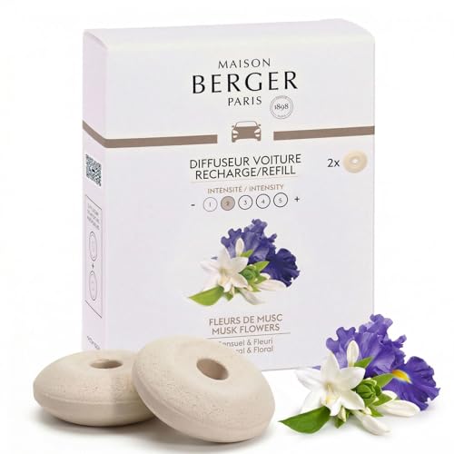 Image of Maison Berger Car Diffuser Refill Set, Musk Flowers | Tuberose Jasmine White Musk Notes, 2 Ceramic Inserts, Fits Maison Berger Vent Clips, 4-Week Diffusion, Made in France