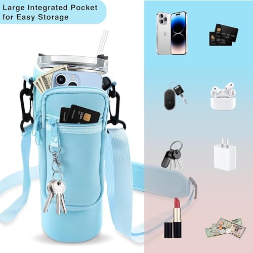 Image of House of Quirk Water Bottle Carrier Bag with Phone Pocket for Stanley 40 /30 oz Tumbler Neoprene Water Bottle Holder Pouch with Adjustable Strap (Mint)