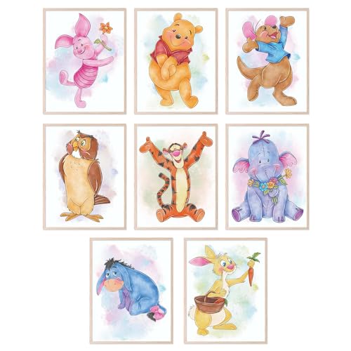 Image of BigWig Prints Winnie the Pooh Nursery Decor - Winnie The Pooh Poster, Baby Shower Decorations, Poo Bear Nursery Decor Wall Art, Piglet, Tigger, Eeyore, Rabbit, Owl, Roo - Set of 8 (8x10) Unframed
