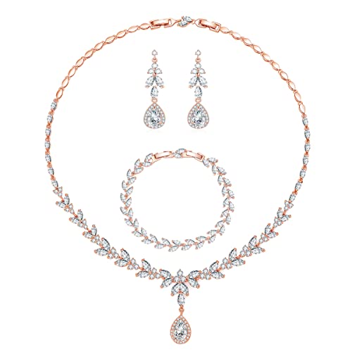 Kamise Femme Parure Cuivre Plaqué Or Rose avec Zirocon Cubique 5A, Ensemble de Boucles d'oreilles & Collier & Bracelet, Bijoux Hypoallergénique en Forme de...