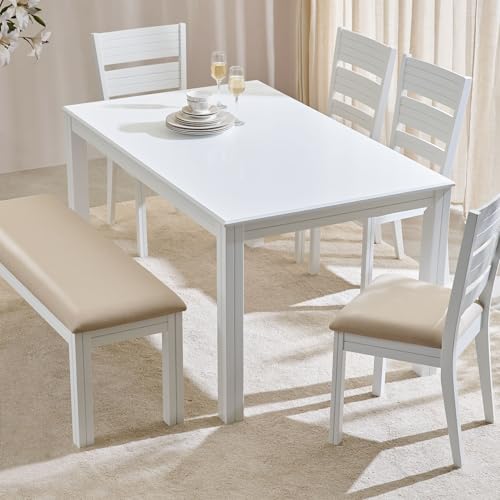 Image of Home Centre 6 Seater Montoya Engineered Wood Dining Set with 4 Chairs and 1 Bench | Engineered Wood Dining Table Sets for Dining Room|(White) 1 Year Warranty