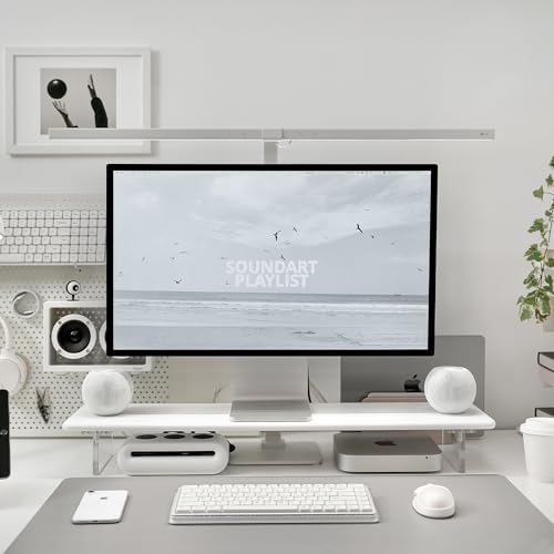 Image of Bamboo Monitor Stand Riser with Acrylic Legs for Desk, 31.5 Inches Desktop Shelf Supports for PC Computer Monitor, Laptops, Printer, Speakers (White)