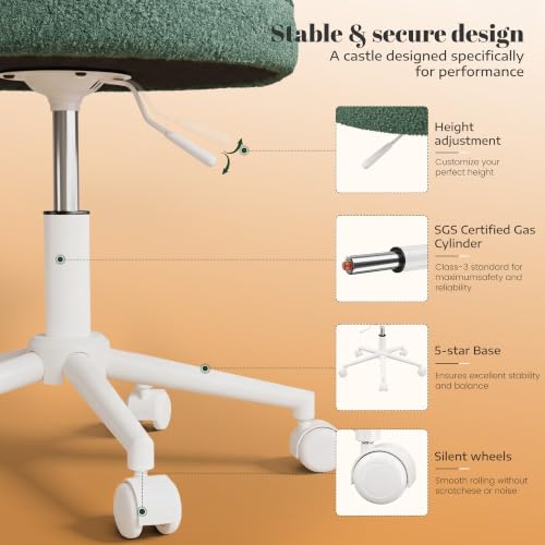 Image of DurayLoly Vanity Chair with Wheels,Open Back,Armless,Green | Soft Teddy Fabric, 6 inch Thick Cushion, Height Adjustable, 300 lbs, 360 Swivel for Vanity Table, Home Office