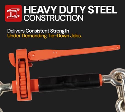 Image of Mytee Products 2 Pack 3 /8 inch - 1 /2 inch Hi-Viz Orange Quick Folding Handle Ratchet Load Binder with Grab Hook 12,000 lbs WLL | Tie Down Hauling Chain Binders for Flatbed Truck Trailer