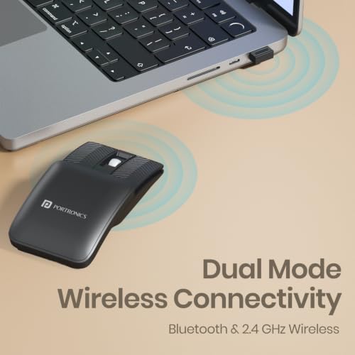 Image of Portronics Toad Fold Wireless Bluetooth Mouse with Dual Wireless (BT + 2.4 GHz), Foldable Mouse, Rechargeable Battery, Multi-Device Pair, Up to 3200 DPI Sensitivity (Black)