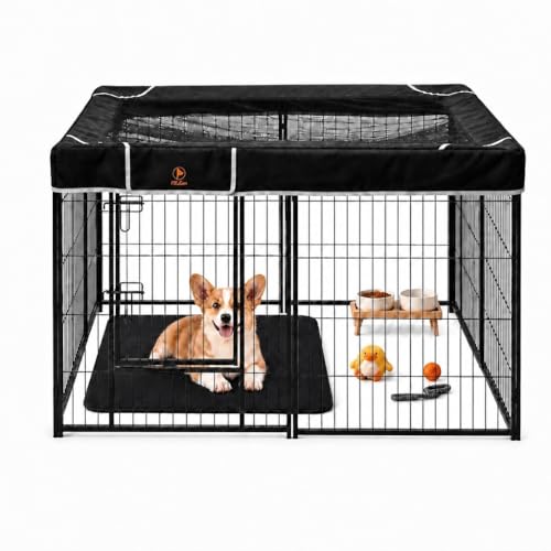 Image of PJYuCien Square Playpen Top Cover for 24'' Width 8 Panel Pen, Black | More Peace of Mind, More Safe, and Reduce Mess, Suitable for Puppy, Duck, and Other Small Animals, Adhesive Tape Connect