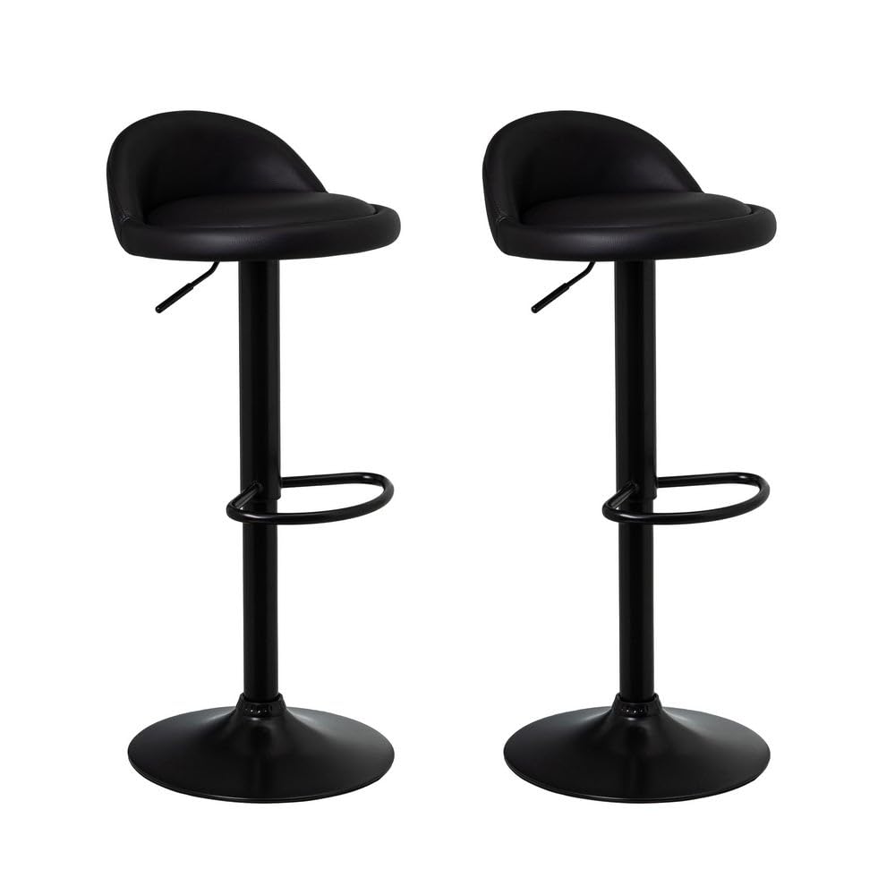 LOLAhome - Set de 2 Taburetes de Cocina Giratorios en 360°, Juego de Sillas de Bar Regulables en Altura de 72 a 92 cm, con Respaldo de Polipiel, Estructura Metal Negra y Reposapiés, Negros