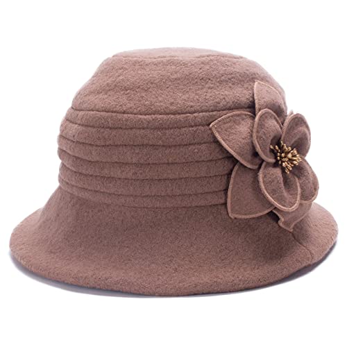 Womens Gatsby 1920s Winter Wool Cap Beret Beanie Cloche Bucket Hat A299 (Camel)