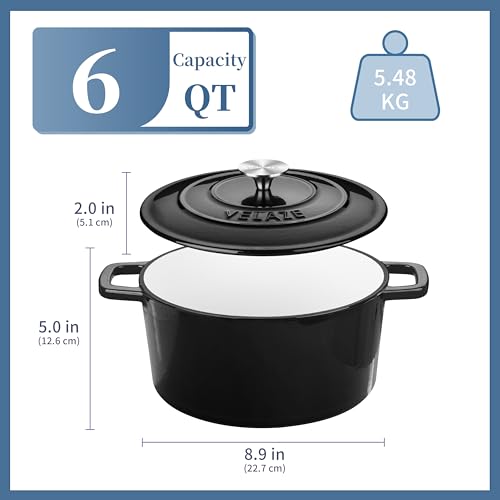 Image of Velaze 6 QT Enameled Cast Iron Dutch Oven Pot with Lid, Black