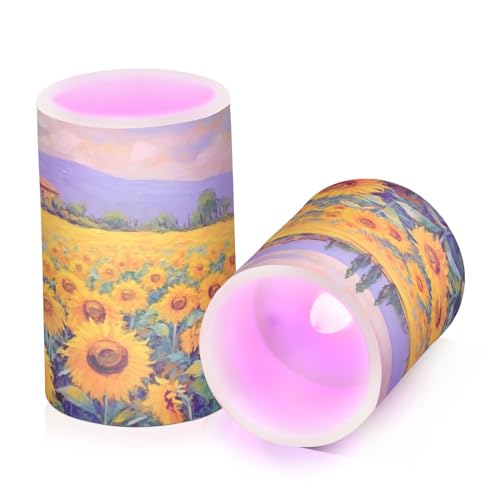 Kigai Sunflowers Flameless Candles with Remote Control and Timer,Battery Operated LED Pillar Candles Adjustable Brightness for Ourdoor Indoor Use,Home Decor,2 Pack