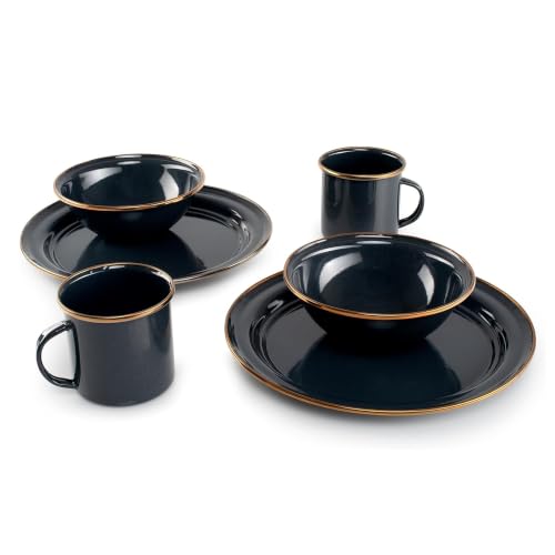 GSI Outdoors Mesa Set de Cena Enameled para 2 Personas 6 Piezas – Negro con Borde de Acero Inoxidable Acabado Bronce, Apto para Lavavajillas