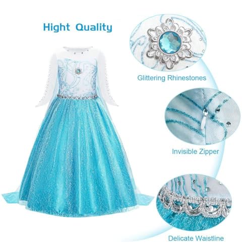 URAQT Kostüm Kinder Mädchen, 6-teiliges Set Kinder Prinzessin Kleid mit Krone Diadem Handschuhe Zauberstab usw für Weihnachten Karneval Halloween Rollenspiel(120)