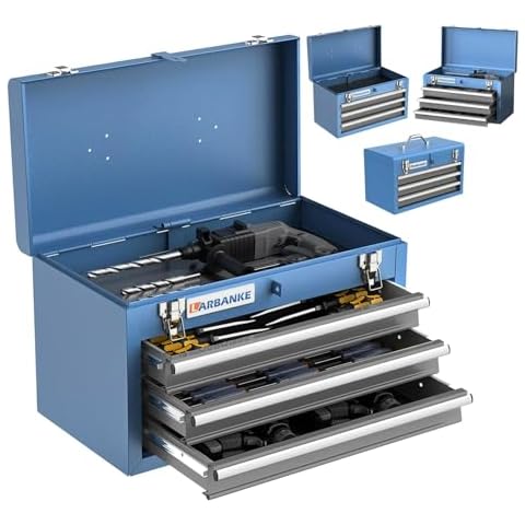 LARBANKE Portable Tool Box,with 3 Drawers and Top Storage Tray,Lockable Metal Tool Chest Cabinet,3-Drawer Tool Box with Liner,for Garage,Warehouse,Repair Shop and Home,Blue Tool Box Cover