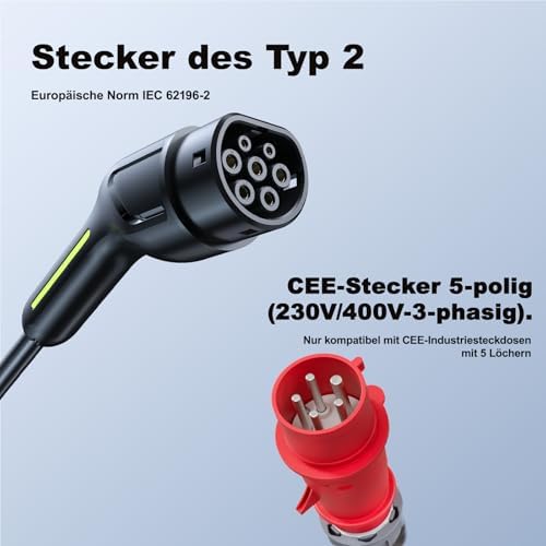 Bild 4 - Typ 2 Ladekabel 11kW, EV Ladegerät Dreiphasig CEE 16A | 8M Mobile Wallbox Ladestation Einstellbarer Strom und Einstellung Startzeit für Allen Elektrofahrzeugen EV PHEV IEC 62196-2 Stecke