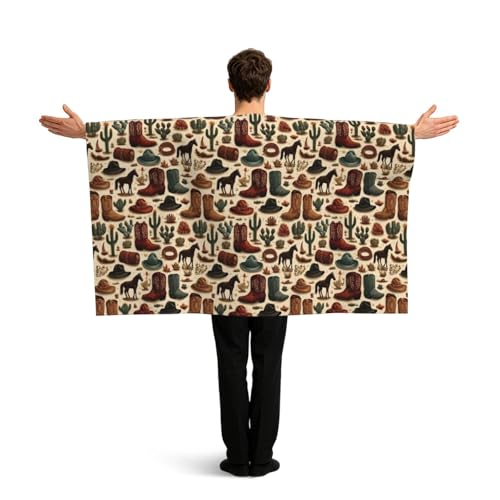 Fuzquwu Western Cowgirl (3) Pattern Flag Poncho With Sleeves, Lightweight Wearable Cape For Fan Events