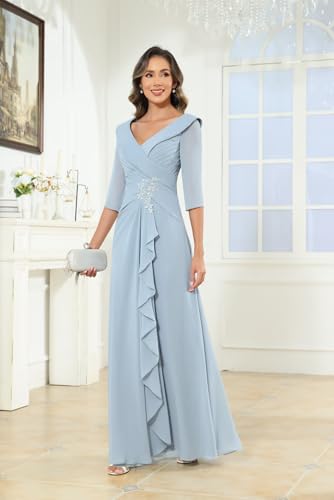 Modest Long Mother of The Bride Dresses V Neck Chiffon Formal Evening Gown3