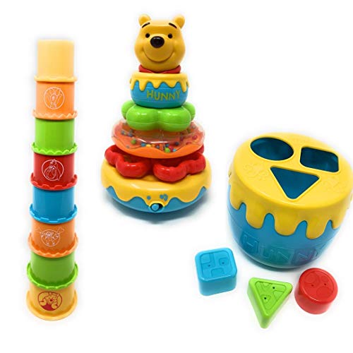 WINNIE THE POOH Baby Toys | IShape Sorter, Musical Stacking Rings, and Stacking Cups | Babys First Blocks Classic Bundle | Stack Up Cups | Toddler Toys