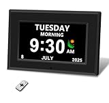 MYFMLI Digital Alarm Clock for Seniors - No-Abbreviation Date HD Display Auto Dimming Photo Frame DST Adjustment, Ideal Gift for Elders (7inch Black)